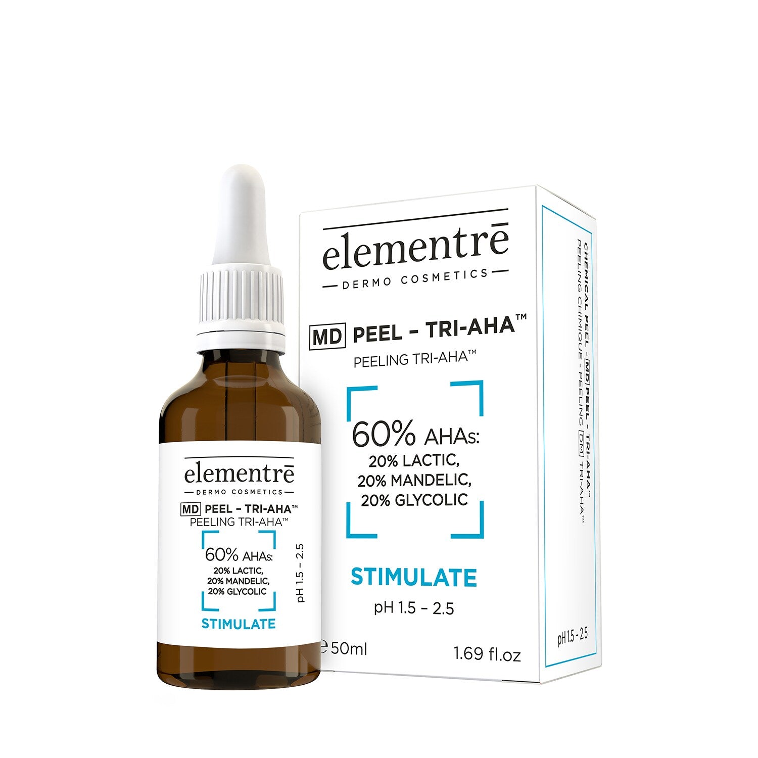 Elementre Tri-AHA MD Peel -  60% AHAs: Lactic, Mandelic & Glycolic Acids (50ml)